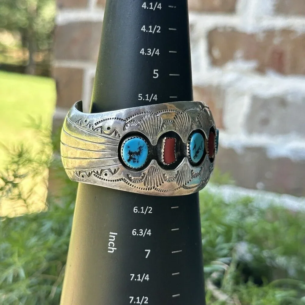 VTG Navajo Pauline‎ Benally Size 6.25 Bracelet Turquoise Coral Sterling 52.2g